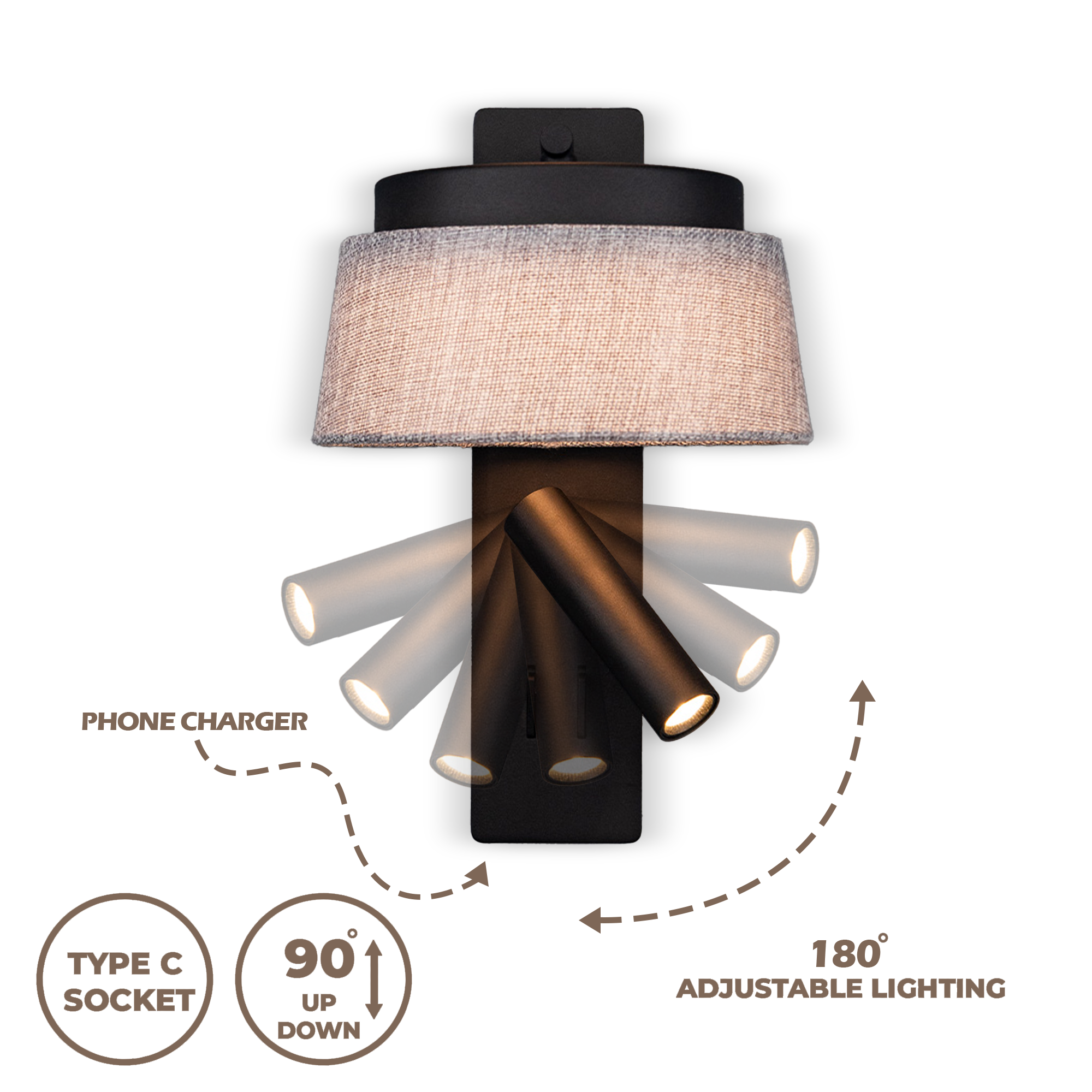 Pre-order 75 Days Delivery Calm Hotel Style Headboard/ Wall Reading Lamp  Black + Grey linen shade Calm-WL(B)-02F1 / Calm-WL(Ub)-02Fl -  Wall Lamps - ebarza Furniture UAE | Shop Modern Furniture in Abu Dhabi & Dubai - مفروشات ايبازرا في الامارات | تسوق اثاث عصري وديكورات مميزة في دبي وابوظبي